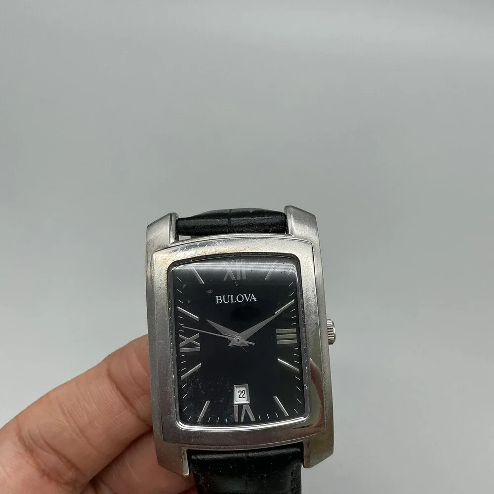 Bulova 96B269 Mens Watch 31mm Tank Silver Tone Black Leather New Battery